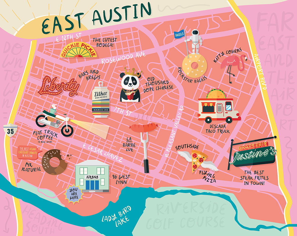 Illustration Map showing location of the best airbnb vacation rental in East Austin, Texas